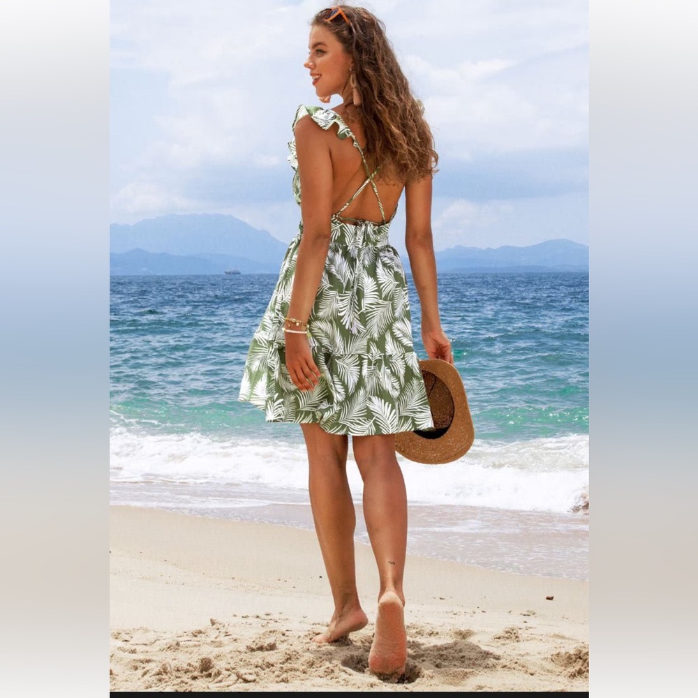 Cupshe Leaf Print Dress Large Womens Green Ruffle Beach Sundress Boho NWT! - Picture 5 of 10